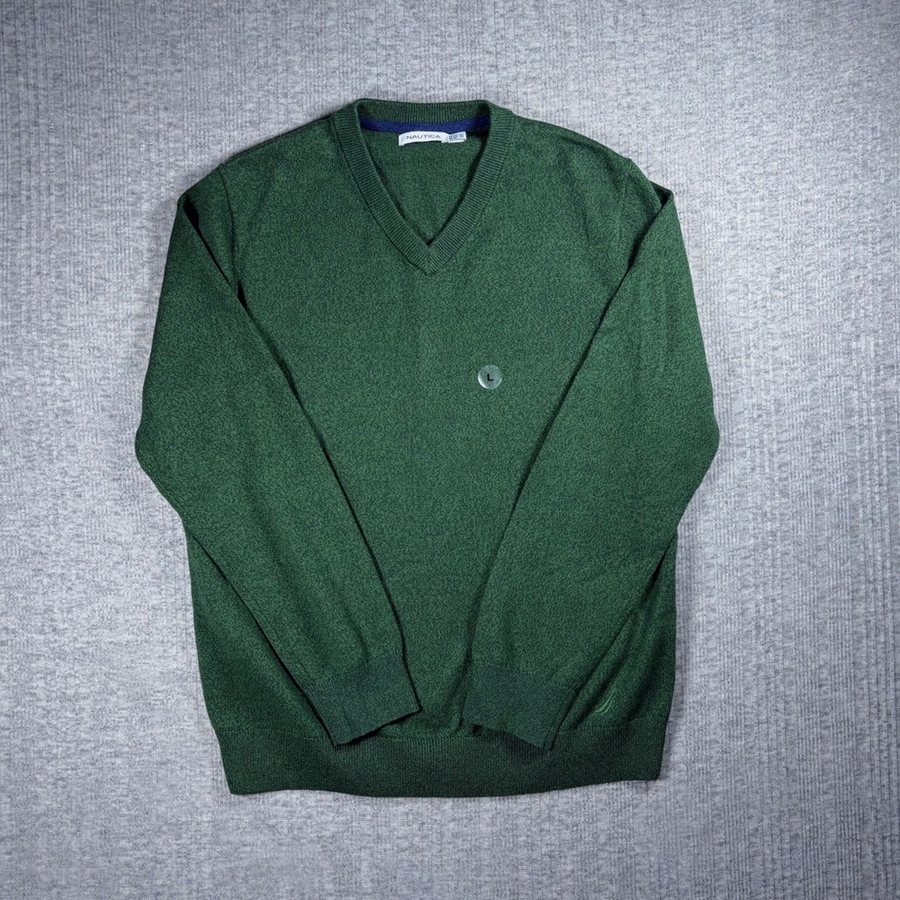 Nautica V-Neck Sweater Mens Size Large Green Pullover Knit Cotton Preppy New
